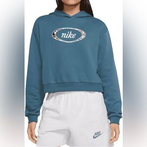 Nike Cropped Hoodie Blue Teal Embroidered Floral Applique Sweatshirt Medium